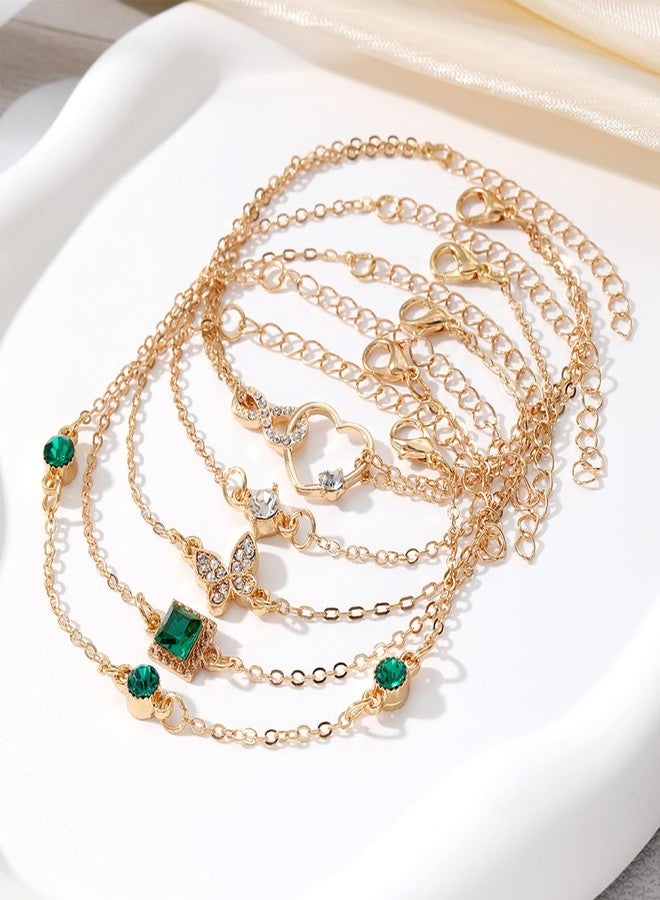 IFKM Gold Bracelets For Women, 14k Gold Plated Layeard Jewelry Bangle Bracelet Set, Trendy Thin Dainty Emerald Rhinestone Stackable Link Chain Fashion Accessories Gifts (Butterfly heart) - Image 3